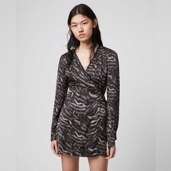 NWT ALLSAINTS Irina Remix Romper UK 10 / US 6 Gray Animal Print Wrap Front - Picture 3 of 16